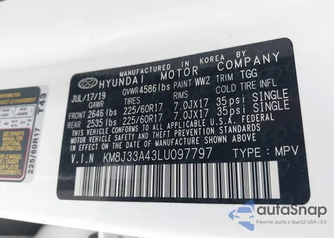 2020 Hyundai Tucson Value z USA, uszkodzony, nr VIN KM8J33A43LU097797